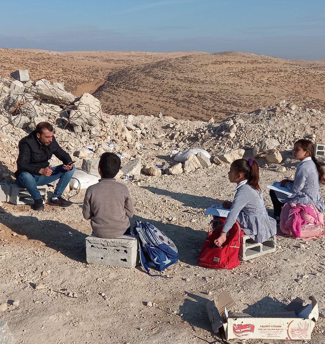 Today the schoolchildren in a-Safai had to study outdoors. Two weeks ago the Israeli military demolished their school and yesterday confiscated the tents that were used as temporary classrooms.