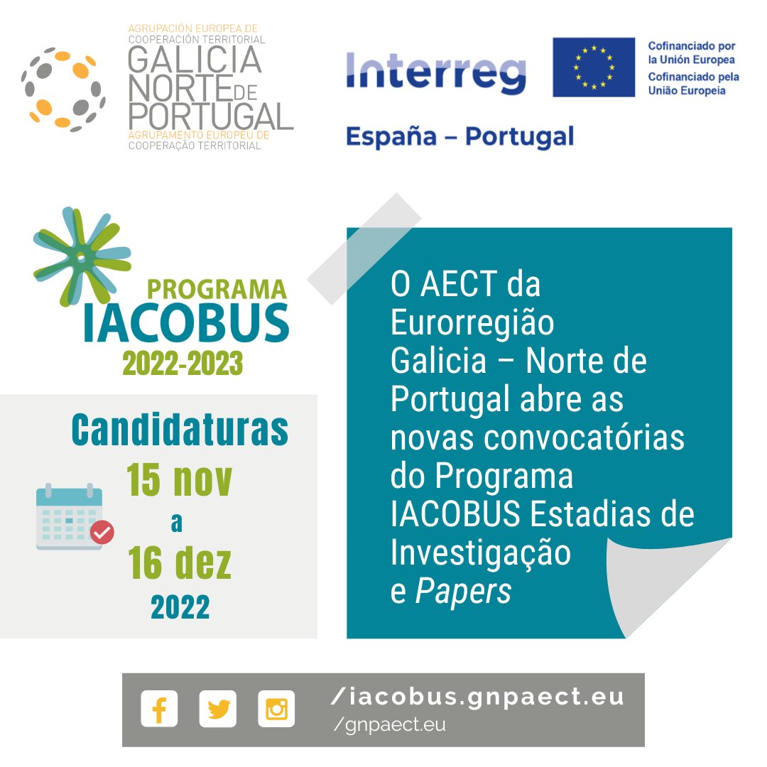 unipvc's tweet photo. Sabias que estão abertas, até 16 dez, convocatórias do Programa #IACOBUS 2022-23 para #estadias de #investigacao e publicações científicas − #Papers, na Eurorregião Galicia - Norte de Portugal❓@GNPAECT #InvestigacaoCientifica #SomosIPVC
Informa-te aqui!👉https://t.co/QmPznxftMO https://t.co/7i0IcxdIRL