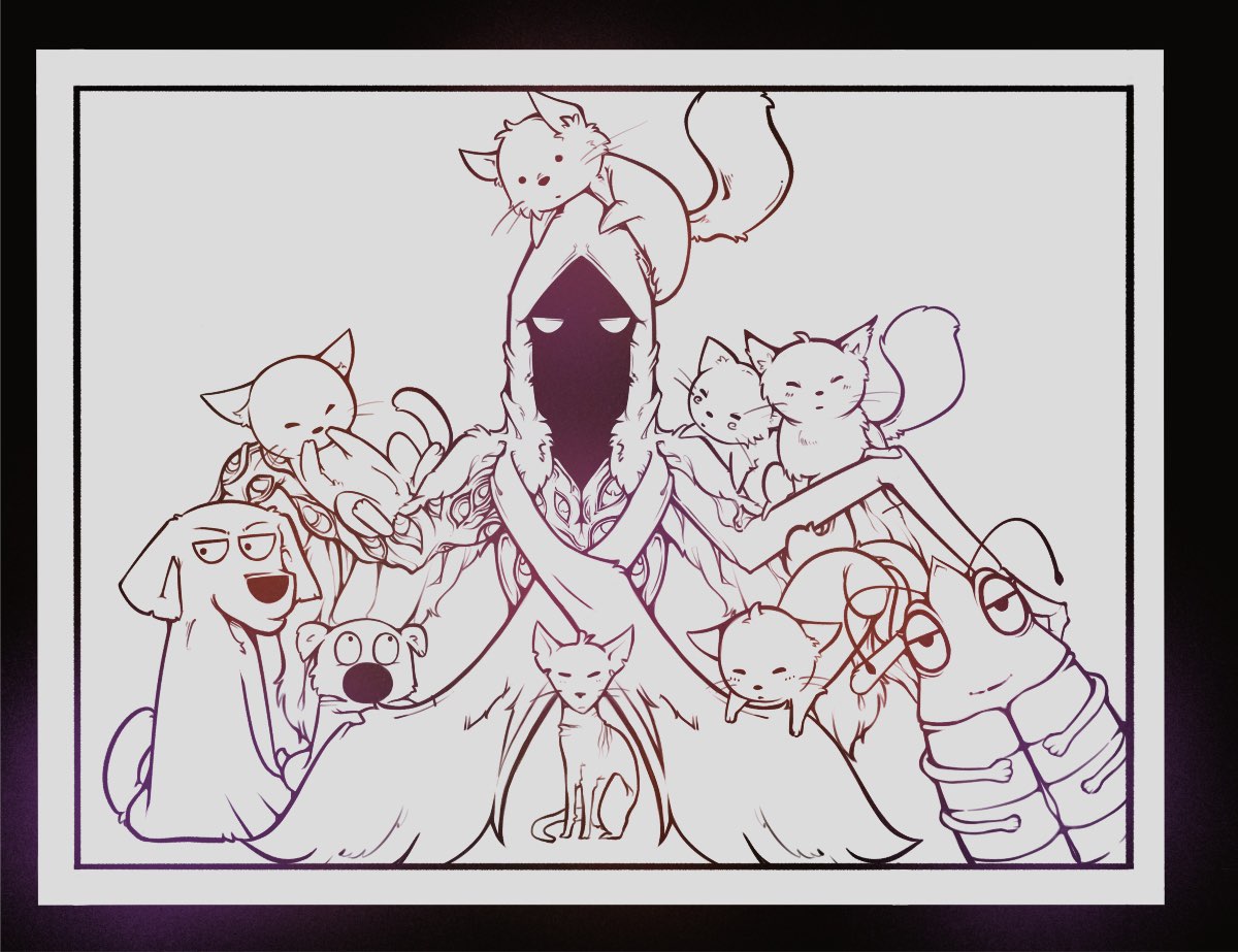 FenneruM's tweet photo. Drawing a holiday card with static pets and p8s boss. 🎄
Line art probably turned out better than the colored version. 
#FFXIVART https://t.co/pUjT07ZOnl