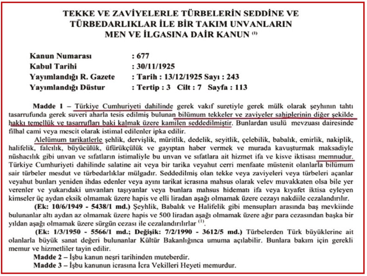 SMEYDAN's tweet photo. TBMM,1925'te 677 sayılı devrim kanunu ile  tarikatları kapattı.Bugün anayasanın 174. maddesine göre anayasal koruma altındaki devrim kanunlarından biri de 677 sayılı bu devrim kanunudur.Dolayısıyla bugün  tarikatlar anayasaya aykırıdır. https://t.co/oWPaWEUPkF