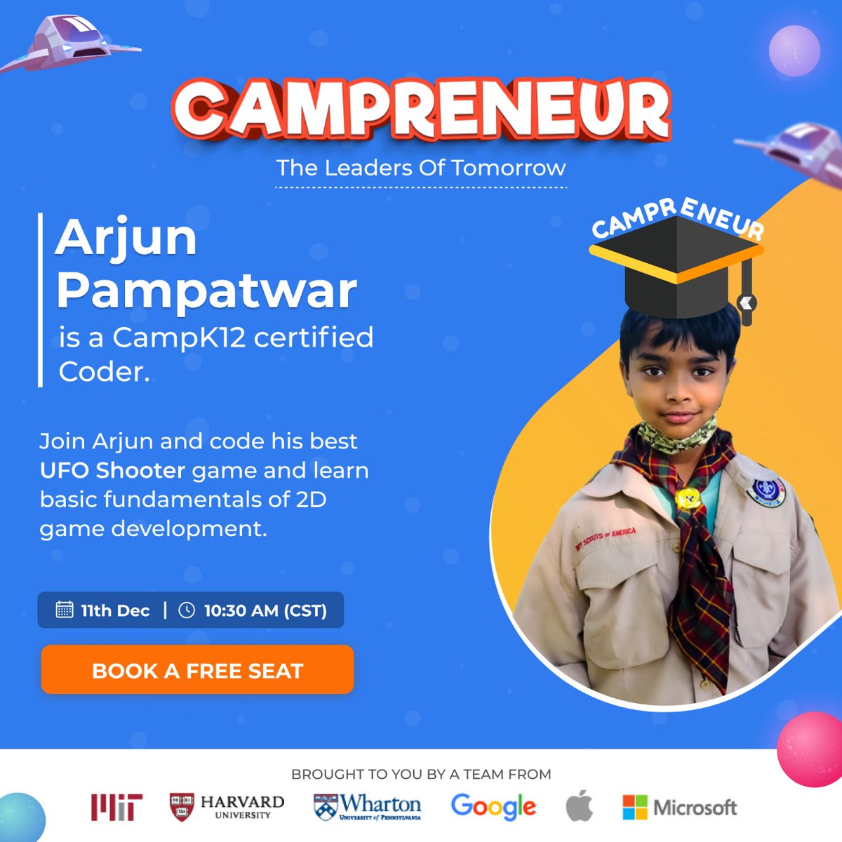 our star performer, Arjun Pampatwar is a 5th Grader who loves to code and is a certified app developer from Camp K12. Join Arjun for a FREE masterclass on the fundamentals of 2D game development & recreates one of his exceptional projects. Register here: bit.ly/3FvkxY8