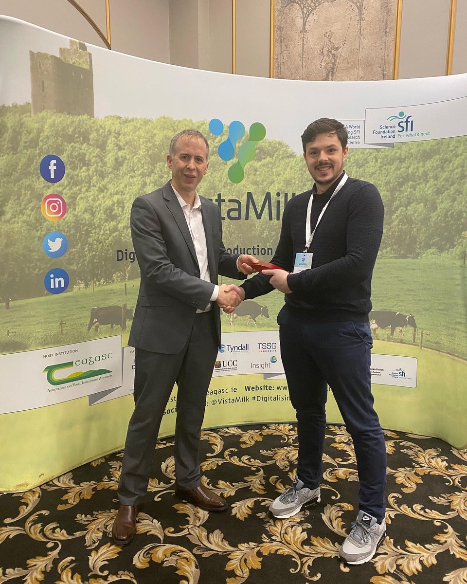 Congratulations to our researchers Paul Albert and Hannah Masterson on winning awards for best oral presentation at the VistaMilk industry day 👏 @scienceirel <a href="/agriculture_ie/">Dept of Agriculture, Food and the Marine</a>