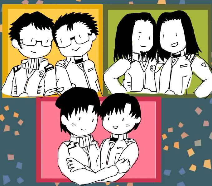 (エヴァ / 伊吹マヤ / 日向マコト / 青葉シゲル)

若い頃の姿も年を重ねた姿もどっちも大好きだよ～というらくがきです。

背景素材お借りしております。 
