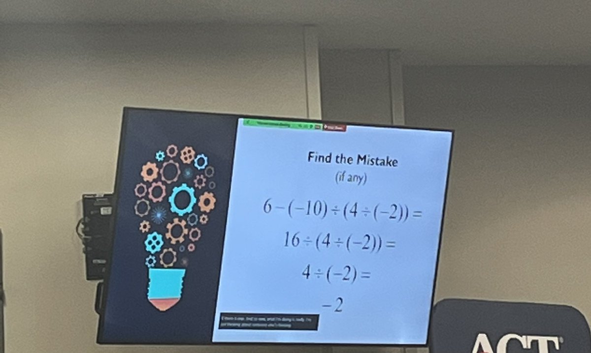 JRParris72's tweet photo. Great ideas via Ben Phillips at the 2022 SE @ACT Conference to cultivate S metacognition.
- Messed Up Quiz: Ss share wrong answers w/ justifications
- Find the Mistake: Analyze a problem worked incorrectly
- Analyze ACT Items: Identify the distractor misconceptions. #HCS_Math https://t.co/dPXNnaJTRW