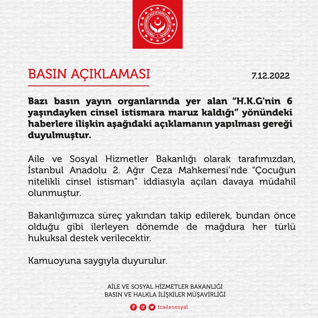 Bazı basın yayın organlarında yer alan "H.K.G'nin 6 yaşındayken cinsel istismara maruz kaldığı" yönündeki haberlere ilişkin aşağıdaki açıklamanın yapılması gereği duyulmuştur.❗⬇️
