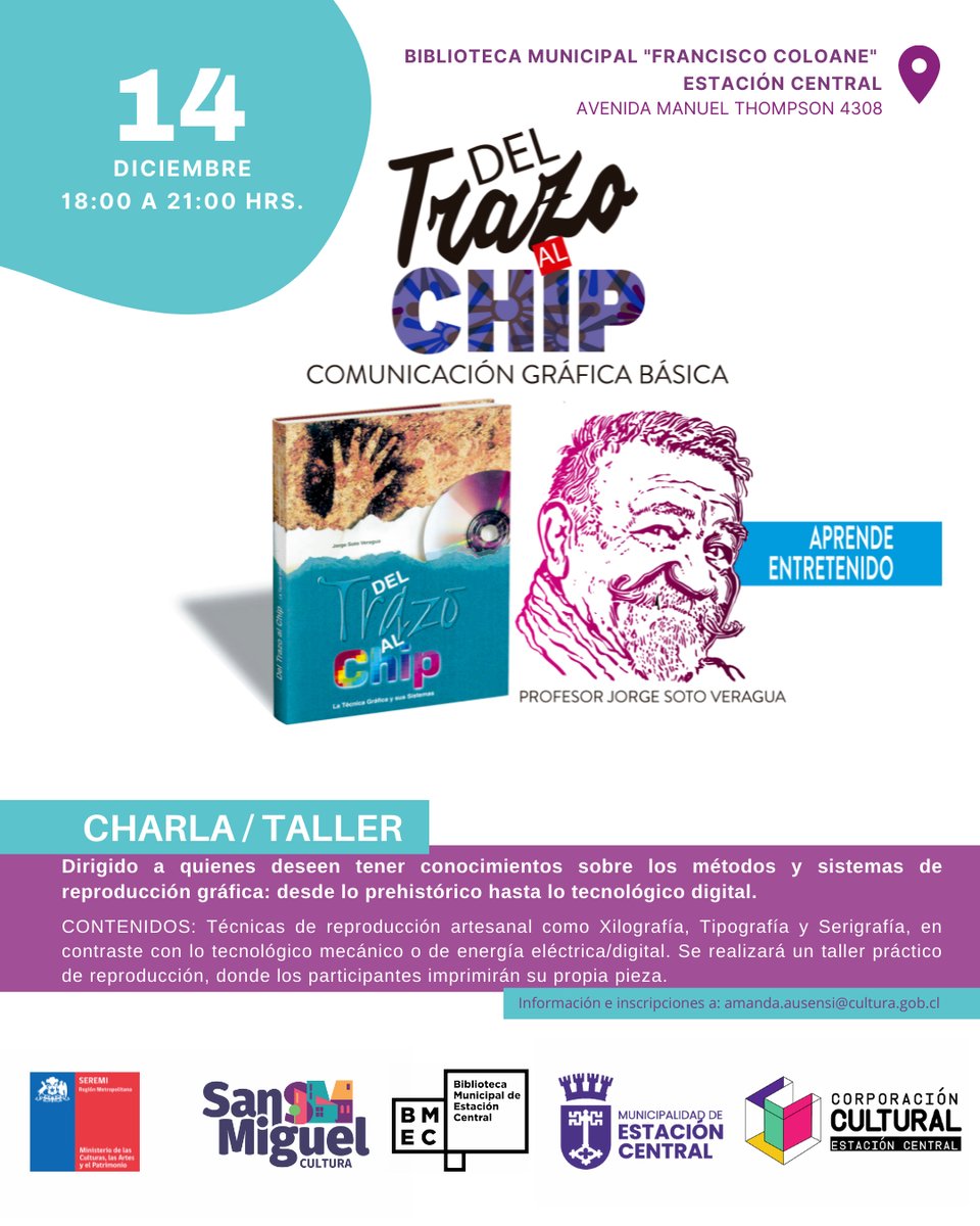 Taller para el conocimiento de métodos y sistemas de reproducción. Concentrándose en Xilografía, Tipografía y Serigrafia, supliendo la tecnologia eléctrica/digital.
Al finalizar puedes imprimir tu propia pieza. 
Biblioteca Municipal de Estación Central. 
Manuel Thompson #4308.