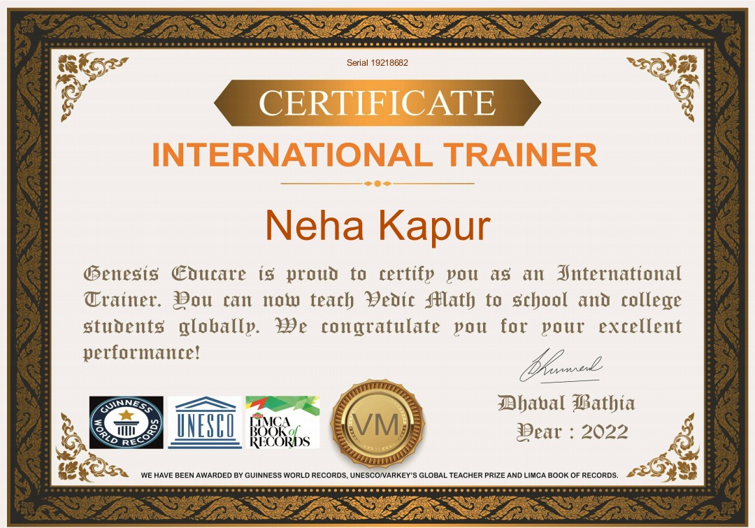 Glad to be recognised as a Vedic Math trainer!