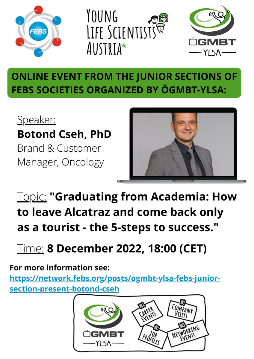 ogmbt_ylsa's tweet photo. ÖGMBT-YLSA: Join the online career talk from our related society FEBS: 
Dr. Botond Cseh: “Graduating from Academia: How to leave Alcatraz and come back only as a tourist. The 5-steps to success” - TOMORROW - Thursday, Dec. 8, 18:00 
Register for free here: https://t.co/yIdIzUusWo https://t.co/LwVUrk1LsI