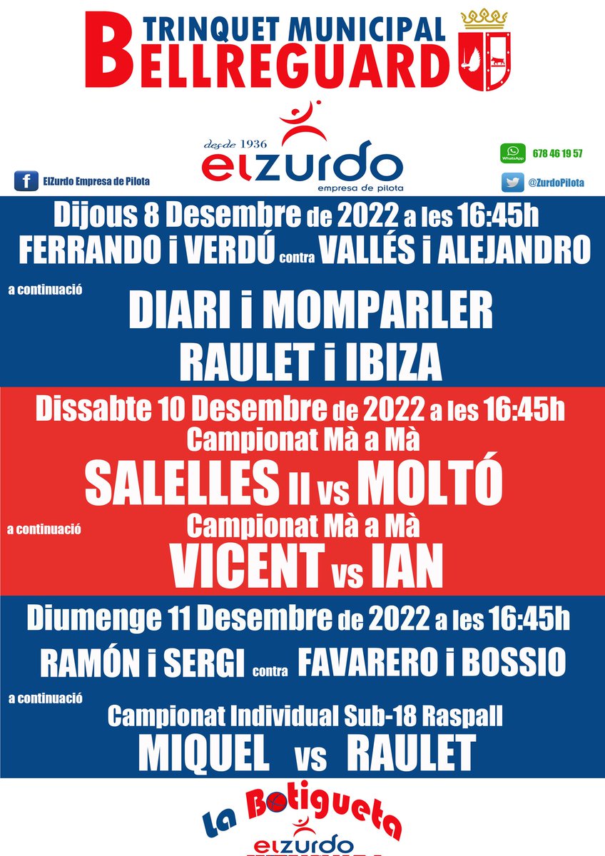 🗣PROGRAMACIÓ SETMANAL
al @ZURDOPILOTA de Bellreguard 
📍DIJOUS (Low Cost ⬇️💰)
Raspall Juvenil
Raspall Professional 
📍DISSABTE
Campionat Mà a Mà Raspall Professional 
📍DIUMENGE
Raspall Professional
Gran Final C.Individual Raspall Sub-18
#pilotamola #pilotavalenciana