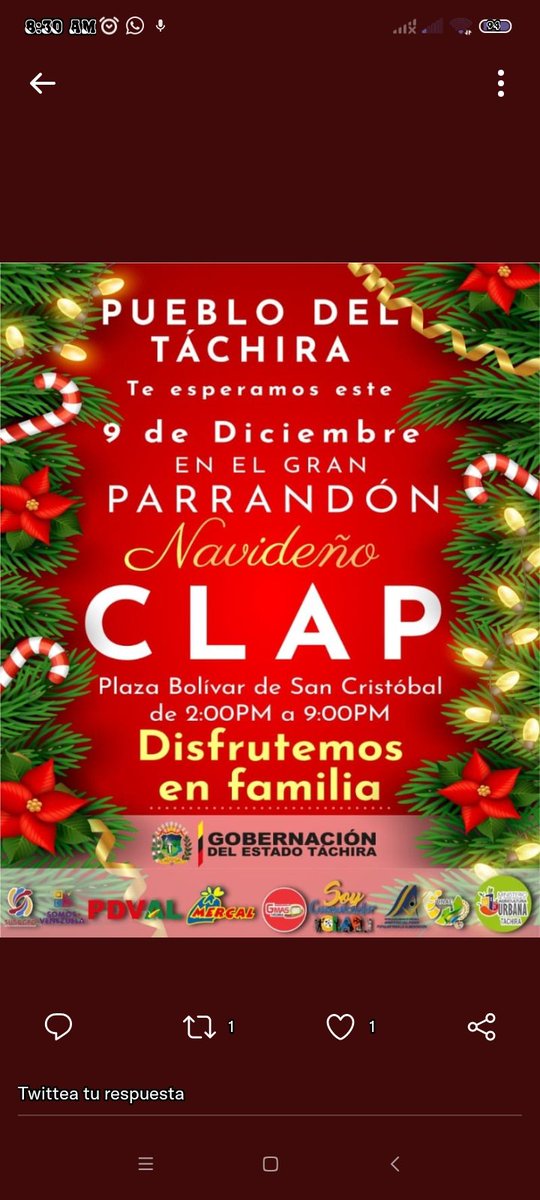 Bendecido día, No te pierdas este 09/12/2022 en la plaza bolivar de San Cristóbal a partir de las 2pm Al gran parrandón navideño de los Clap #NavidadConLosClaps
#ComunicadorClapsoberaniaAlimentaria
<a href="/FreddyBernal/">Freddy Bernal</a> <a href="/KaremDeBernal/">Karem Durán de Bernal</a> <a href="/BermudezJoseA/">Bermúdez José</a> @tachira_gmas <a href="/Clapjuninoficia/">Clap Junin</a>