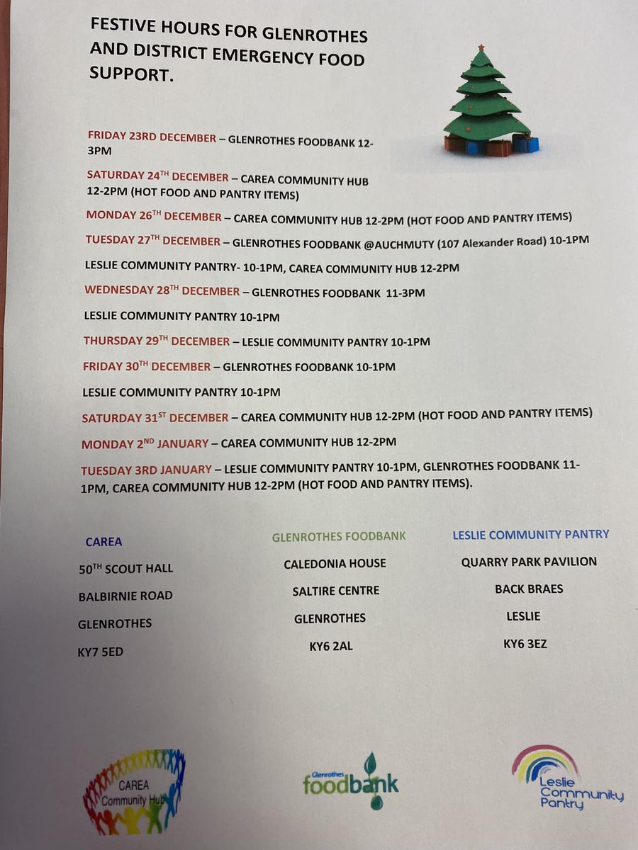 📆 @glenrothesfoodbank have shared their emergency food support dates for the festive period. 👨‍👩‍👧‍👦

For more information, see below.

#FifeFamilies #Foodbanks #Support