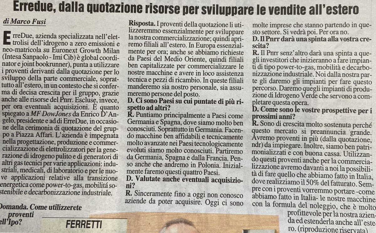 fusi79's tweet photo. Su #MilanoFinanza la mia intervista al presidente e Ceo di #Erredue, società che ha debuttato ieri in @BorsaItalianaIT
#idrogeno #Pmi #MF #imprese #ipo #quotazioni @euronext #listing @info_CDR @ErreDueGas https://t.co/F8BB7Kl9HS