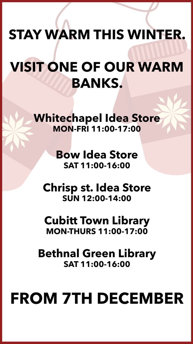 LutfurRahmanTH's tweet photo. 1/ From today, warm banks will be opening around our borough. 

This is a measure for our residents to stay warm as the days get colder and fuel poverty becomes more widespread. https://t.co/FwYLPMDhgJ