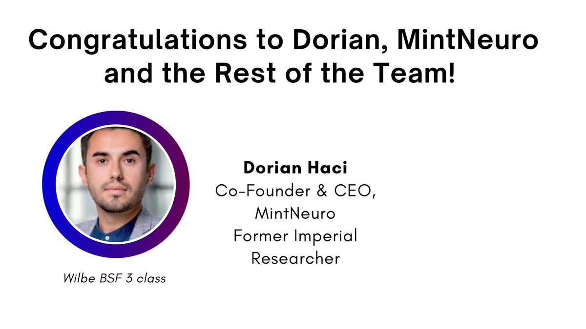 ⚡ NEWS ⚡

Join us in congratulating our #BSF fellow <a href="/dorianhaci/">Dorian Haci</a> ! Dorian’s startup MintNeuro is now up and sprinting!

<a href="/MintNeuro/">MintNeuro</a>  is heavily focused on pioneering bioelectronic implantable devices in brain!

To know more about our fellows, check out wilbe.com/bsf