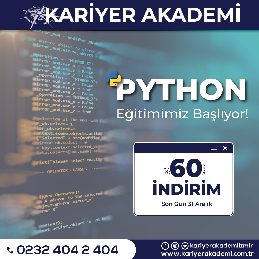 akademikariyer_'s tweet image. Python Eğitimimiz Başlıyor! Şimdi Dünyanın En Çok Kullanılan Yazılım Dillerinden Olan Python&apos;un Temellerini Öğrenip Tüm Sektörlerde Aranan Kişi Olma Zamanı! 👩‍💻👨‍💻
.
☎0232 404 2 404
.
.
.
#pythoneğitimi #csharp #NET #SQL #CSS #HTML #JAVA #kariyerakademi #yazılımkursu