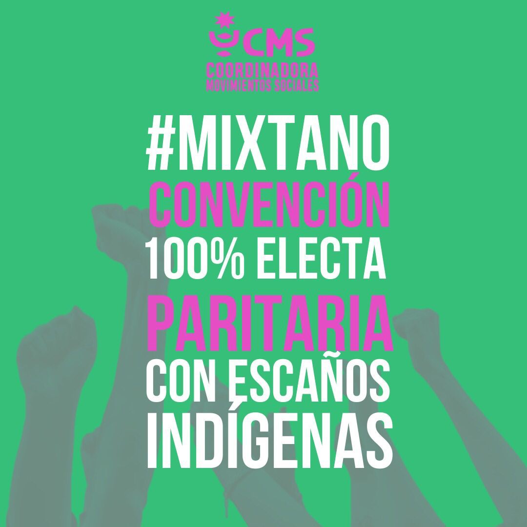 Convención electa, no impuesta!  #MixtaNo

Necesitamos una #NuevaConstitucion q sea construida democráticamente con un órgano 100% electo, paritario, cn escaños reservados de pueblos originarios y participación d independientes

No podemos retroceder ni un paso más. <a href="/movsociales_/">Coordinadora de Movimientos Sociales</a>