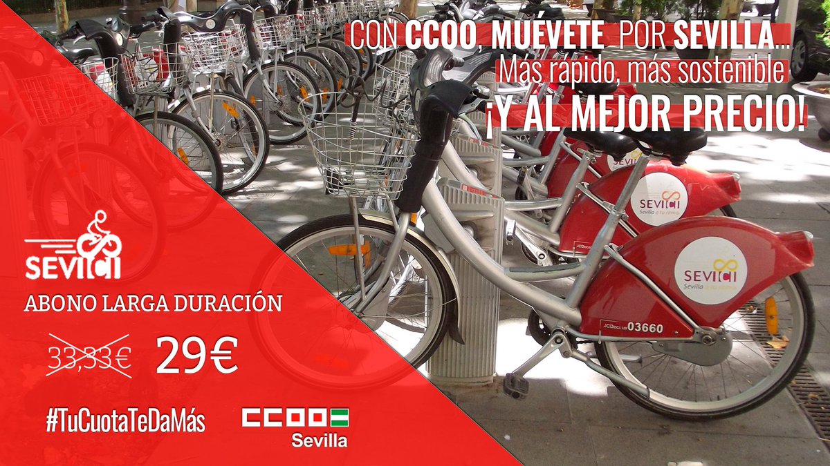 🚲¿Quieres moverte por #Sevilla más rápido, más sostenible... 

💶... y al mejor precio?

‼️ #TuCuotaTeDaMás y, junto a <a href="/SeviciOficial/">Sevici Oficial</a>, te ofrecemos un descuento exclusivo por tu afiliación a <a href="/CCOO/">COMISIONES OBRERAS</a>.

🪪 Consigue tu abono anual por 29€ en lugar de 33,33€.

😄😄