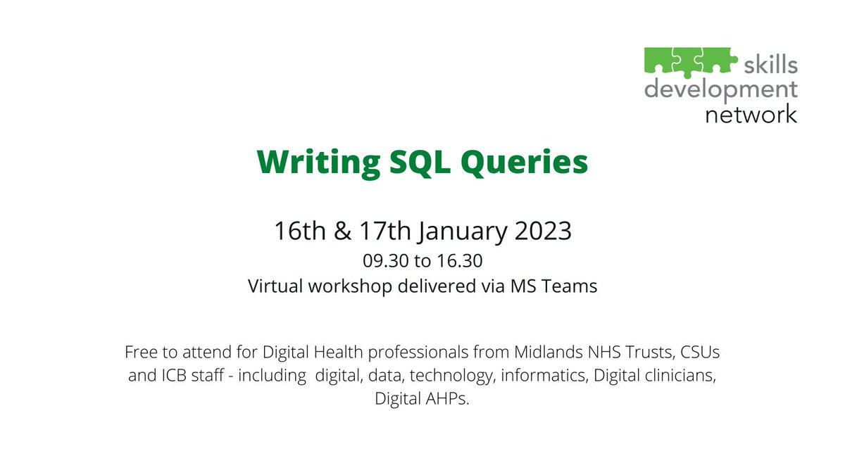 Midlands Digital Skills Development Network (@midsdhsd) on Twitter photo Learn how to write queries using TSQL looking at common query problems and avoiding coding pitfalls
skillsdevelopmentnetwork.com/events
<a href="/MidlandsDSN/">Midlands Decision Support Network</a> @apha_analysts <a href="/Fed_IP/">FEDIP-The Federation for Informatics Professionals</a> <a href="/DHCCIO/">CCIO Network</a> <a href="/DHCNIO/">Digital Health CNIO Network</a> @HEE_DigiReady <a href="/DigitalDiscuss2/">Digital Discussion Group</a> <a href="/NetworkAhp/">Digital AHP Network</a> <a href="/NHSrCommunity/">NHS-R Community</a> Learn how to write queries using TSQL looking at common query problems and avoiding coding pitfalls
skillsdevelopmentnetwork.com/events
<a href="/MidlandsDSN/">Midlands Decision Support Network</a> @apha_analysts <a href="/Fed_IP/">FEDIP-The Federation for Informatics Professionals</a> <a href="/DHCCIO/">CCIO Network</a> <a href="/DHCNIO/">Digital Health CNIO Network</a> @HEE_DigiReady <a href="/DigitalDiscuss2/">Digital Discussion Group</a> <a href="/NetworkAhp/">Digital AHP Network</a> <a href="/NHSrCommunity/">NHS-R Community</a>