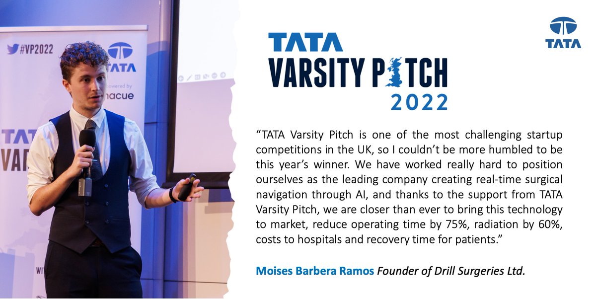 NACUE's tweet photo. Hear from recently crowned #VP2022 Winner Drill Surgeries, a medical device powered through AI &amp; tracking algorithms to eliminate the guesswork in surgeries.

Want to take part in the @TataEurope #VP2023? Sign up to be the first to know when launch.  👉  https://t.co/ZWBSfocygM https://t.co/DThBu6LDhC