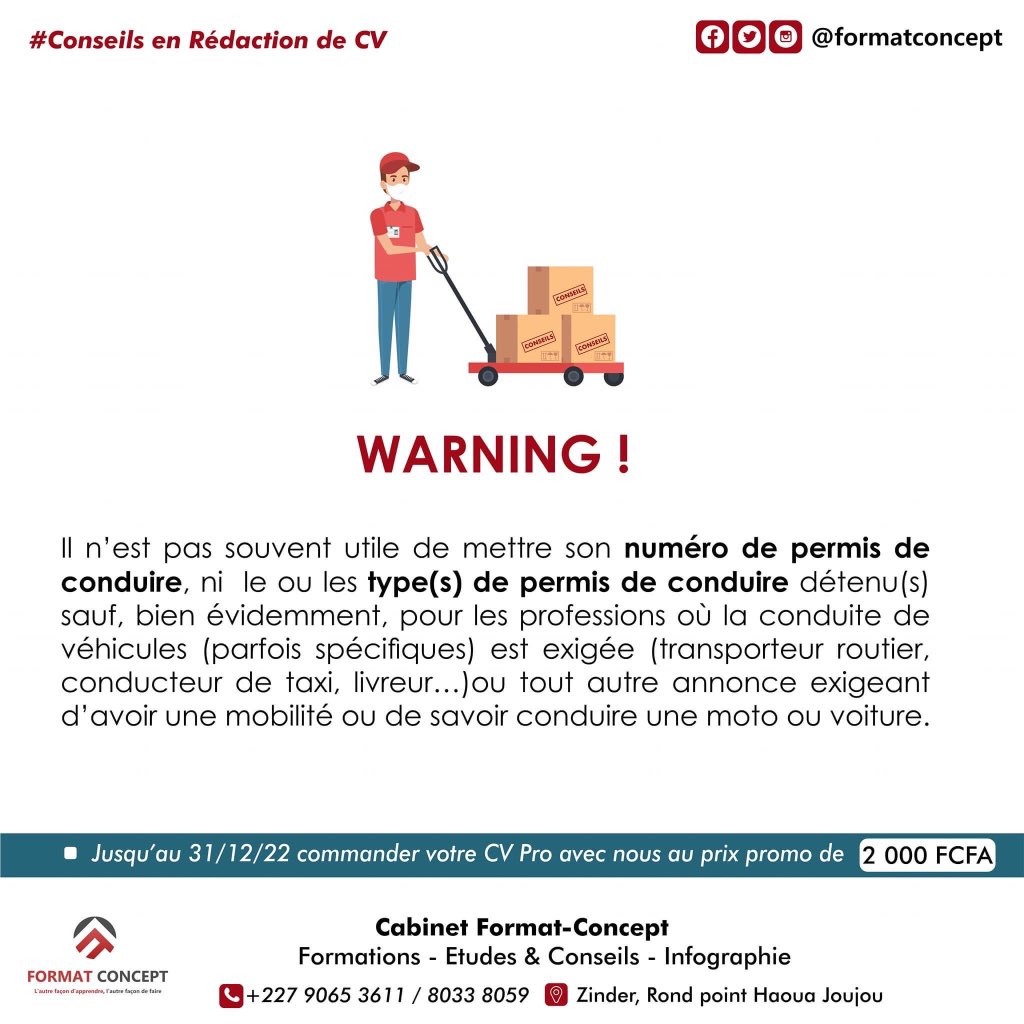 format_concept's tweet photo. Parlons du permis de conduire sur un CV !

Petit conseil mais utile 😉

Adapter votre CV à chaque candidature c'est toujours mieux.

🛑Nous partageons avec vous le peu que nous avons pris et compris pour qu'on grandisse ensemble, sans aucune prétention du monopole du savoir 😉
1/ https://t.co/46gfo6j2Vn