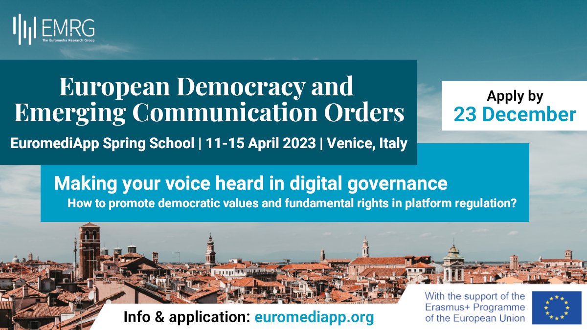 EuromediApp - European Media and Platform Policy (@euromediapp) on Twitter photo 📢 Opportunity for PhD and master students!
After a highly successful Winter School, <a href="/EuromediApp/">EuromediApp - European Media and Platform Policy</a> offers a Spring School in Venice in April 2023.
1 week of input & training on how to make your voice heard in digital governance!
🎯 Apply by 23 Dec
Info: euromediapp.org/events/spring-… 📢 Opportunity for PhD and master students!
After a highly successful Winter School, <a href="/EuromediApp/">EuromediApp - European Media and Platform Policy</a> offers a Spring School in Venice in April 2023.
1 week of input & training on how to make your voice heard in digital governance!
🎯 Apply by 23 Dec
Info: euromediapp.org/events/spring-…