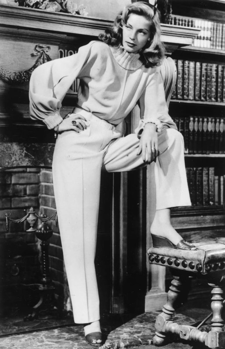 lauren bacall wearing an outfit designed by leah rhodes, 1946