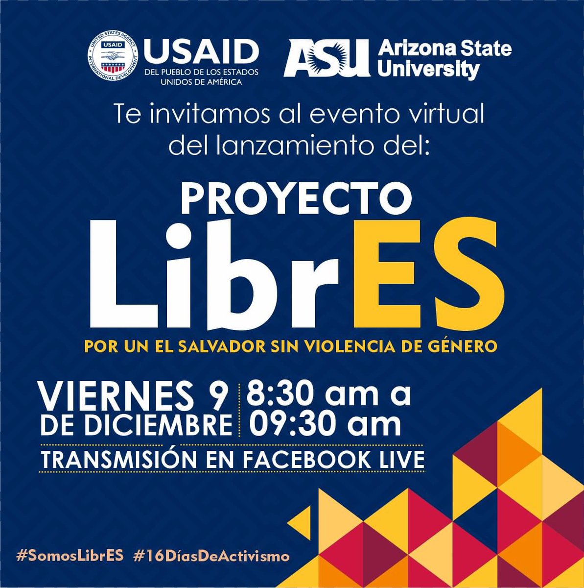 ¡EN VIVO! ⭕️🎥 No te pierdas el lanzamiento de nuestro Proyecto LibrES: Por un El Salvador sin Violencia de Género. 📅 Día: Viernes 9 de Diciembre del 2022 ⏰ Hora: 8:30 a.m. 📍 Lugar: Facebook Live #SomosLibreES #16DíasDeActivismo #DeAquíSoy