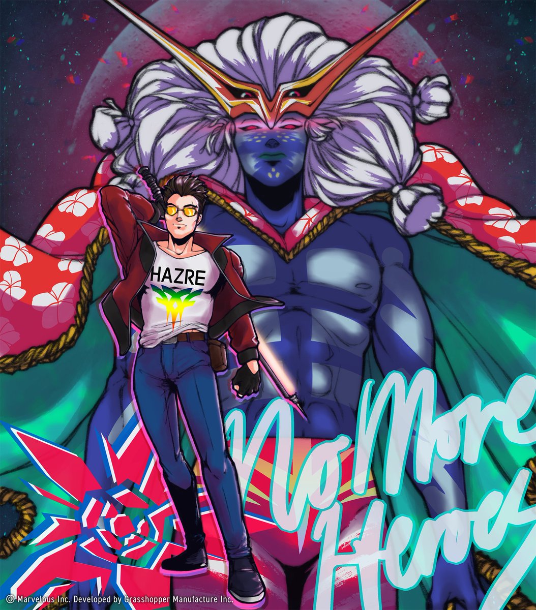 Grasshopper_JP's tweet image. #NoMoreHeroes 15周年記念企画の第2号！今回は@datbingsu様の作品です！
当企画のインスピレーションとなった『Alien-623』のイラスト本は数か国のNMHファンによって作られたんですよ！？いやあ、マジで愛を感じるわ。❤️
（停止通告書を出さない弊社も優しいやろ😁✌️）
#TravisTouchdown #Suda51 #GhM