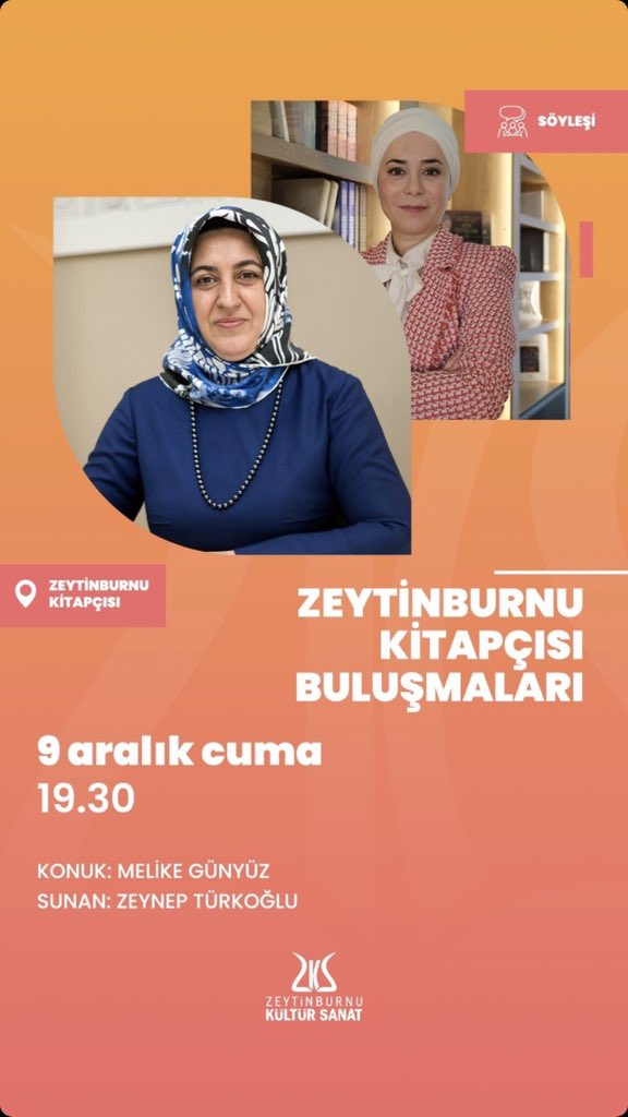Zeytinburnu Kitapçısı buluşmalarında Zeynep Türkoğlu'nun bu ayki konuğu Melike Günyüz.

Bu doyumsuz söyleşiye iştiraklerinizi bekliyoruz.

🗓 9 Aralık Cuma
⏰ 19.30
📍Zeytinburnu Kitapçısı - Merkezefendi Cad. Hamam Çıkmazı Sok. No: 4
📎 zeytinburnukitapcisi.com
