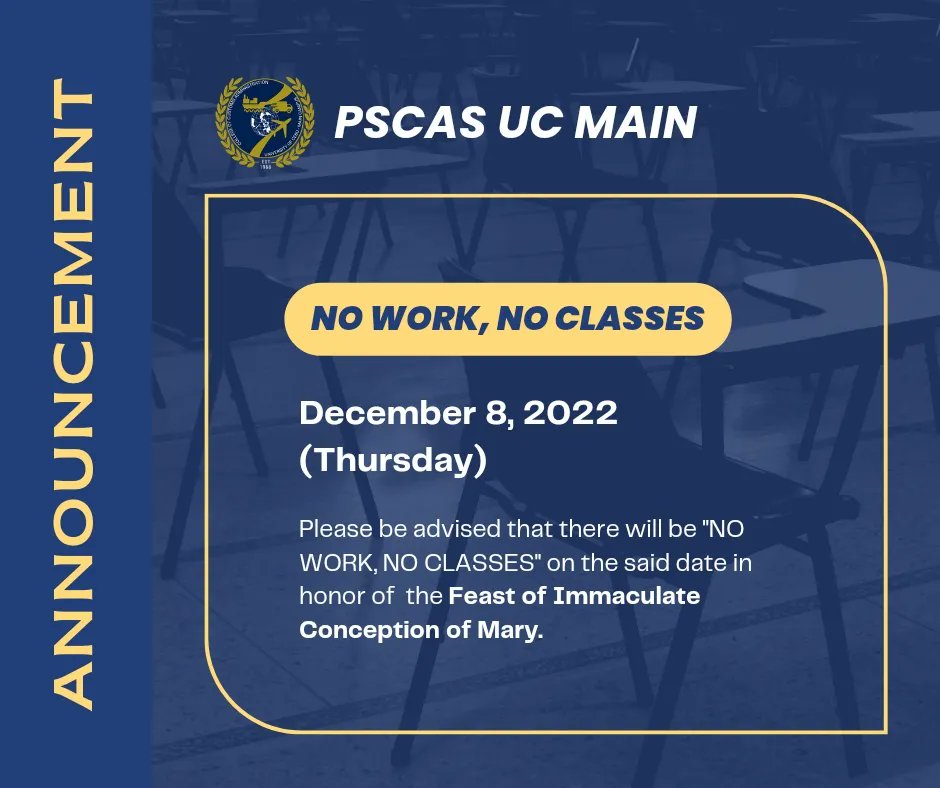 pscasucmain's tweet photo. 𝗗𝗲𝗰𝗲𝗺𝗯𝗲𝗿 𝟴, 𝟮𝟬𝟮𝟮 | 𝗡𝗢 𝗪𝗢𝗥𝗞, 𝗡𝗢 𝗖𝗟𝗔𝗦𝗦𝗘𝗦

In honor of the Feast of the Immaculate Conception of Mary,  December 8 is a special non-working holiday to commemorate the Principal Patroness of the Philippines. 

Please be guided, Aduanas! 💛💙

#pscasucmain https://t.co/NWi4vsQkK7