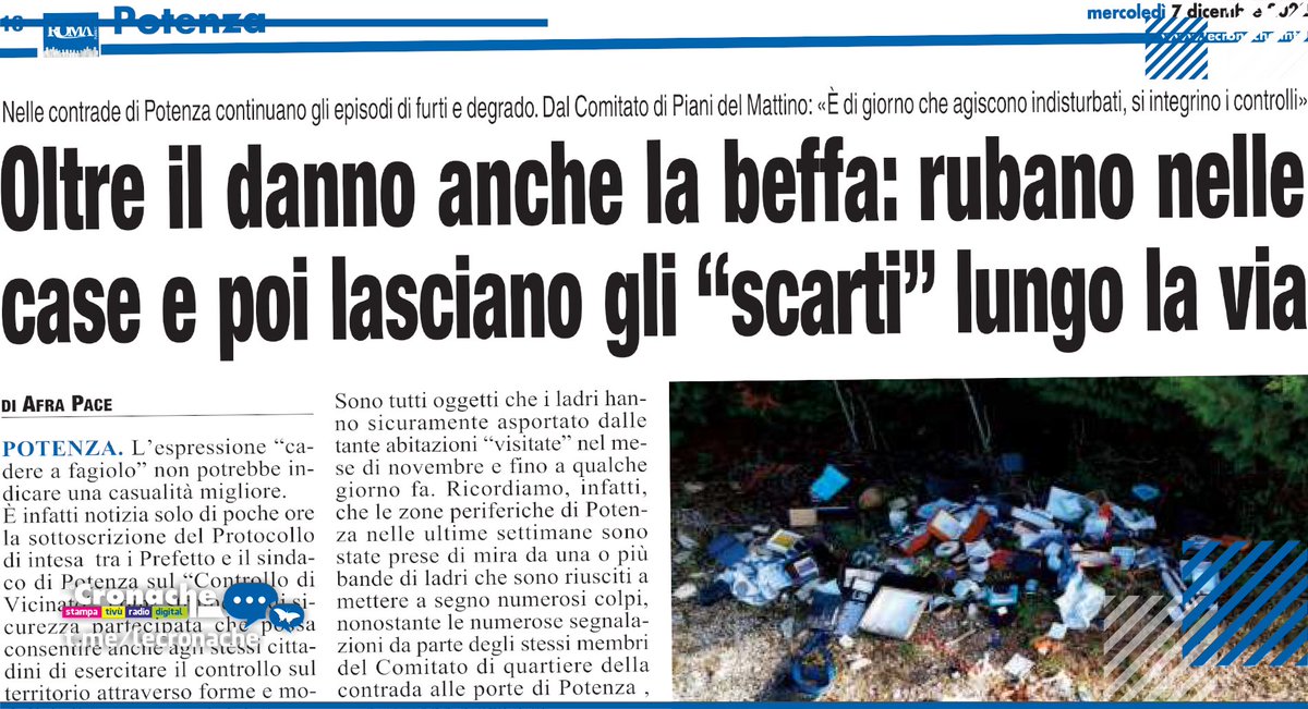 OLTRE IL DANNO ANCHE LA BEFFA: RUBANO NELLE CASE E POI LASCIANO GLI “SCARTI” LUNGO LA VIA - Nelle contrade di Potenza continuano gli episodi di furti e degrado. Dal Comitato di Piani del Mattino: «È di giorno che agiscono indisturbati, si integrino i controlli» - ...