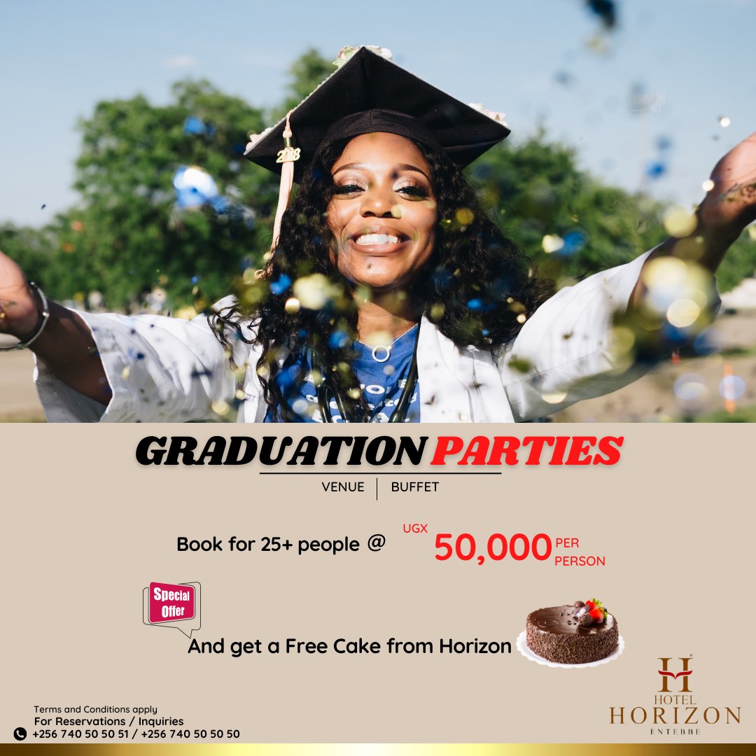 Hotelhorizonug's tweet photo. Celebrate your Special Milestone with Hotel Horizon this season. We gurantee that your Graduation party will fit perfectly in one of our many unique event spaces.Also,Free Cake.

 #December2022 #endofyearparty #Festiveseason #Entebbehotels #hotelhorizonug #graduation https://t.co/6kvZzs43Ei