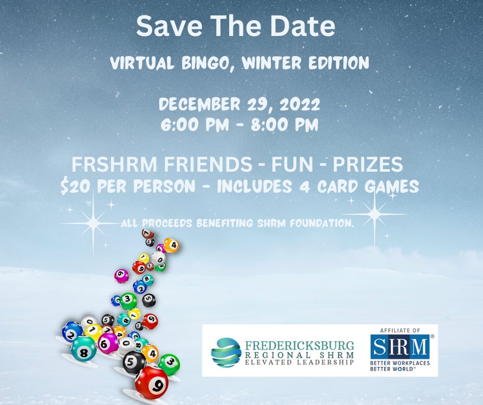 #FRSHRM is bringing all the fun of bingo right to the comfort of your own home. We welcome everyone to play; you don't have to be a member.  See some familiar faces, play for great prizes and help support the SHRM Foundation. Register now, ow.ly/xj6w50LULoP #HRFUN