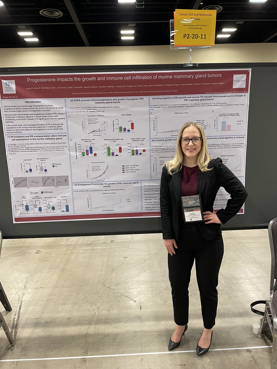 🚨Come stop by the poster session happening now at #sabcs2022 to hear about my work investigating the immunomodulatory and growth-promoting effects of progesterone on murine mammary gland tumors and the ability of anti-progestins to reverse these effects