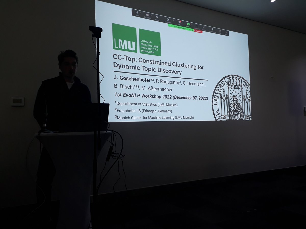 assenmacher_mat's tweet photo. @Goschjann presenting our work on Constrained Clustering for Dynamic Topic Discovery (CC-Top) at the #EvoNLP workshop at #EMNLP2022 #NLProc @emnlpmeeting @sldslmu @BBischl @rpranav22 https://t.co/UZ2YDf0X6n