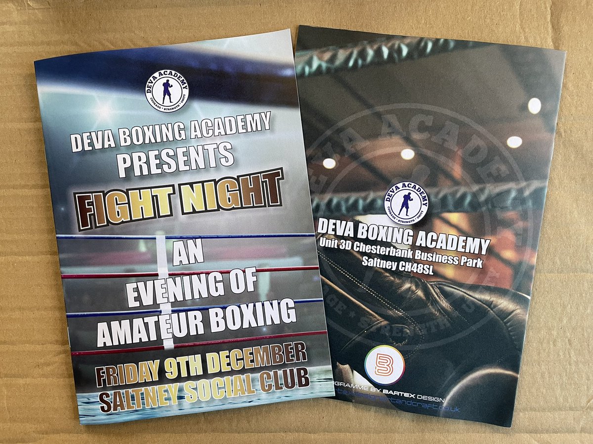 DesignBartex's tweet photo. Programmes designed and produced in house by Bartex Design in support of the awesome Deva Boxing Academy, ready for another knock out fight night this Friday. #teambartex https://t.co/CHwkLxoQFK