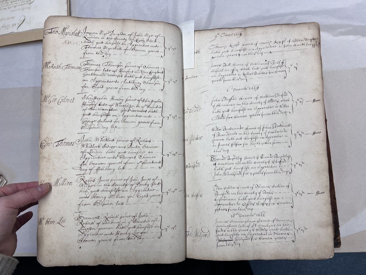 And the entry for the first woman apprentice bound to a stationer, Joanna Nye, in 1666. Like many young women apprentices, she was probably bound to his wife to learn a trade related to needlework in actuality, but it’s still a cool moment!