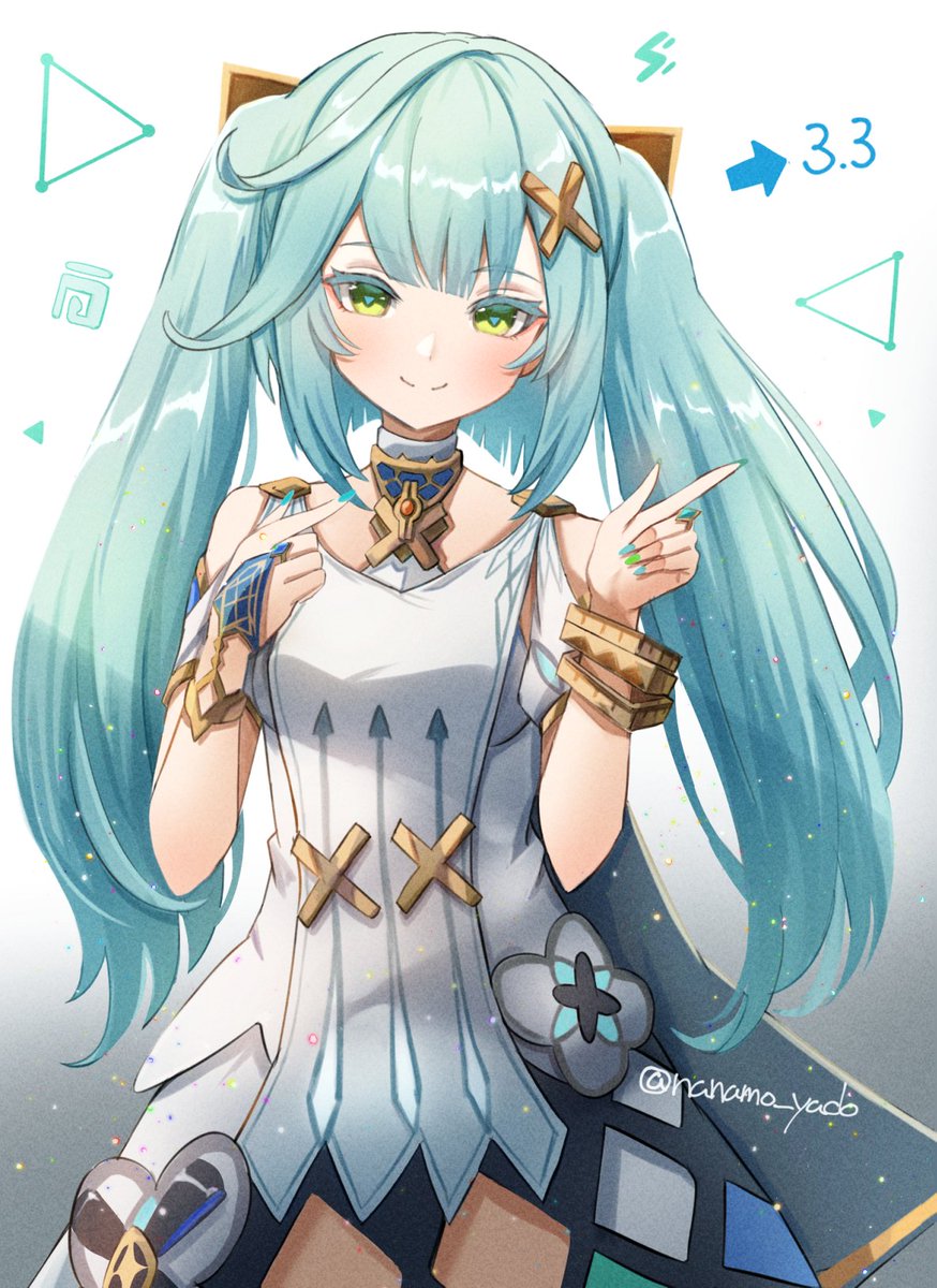 1girl solo twintails x hair ornament dress green eyes aqua hair  illustration images