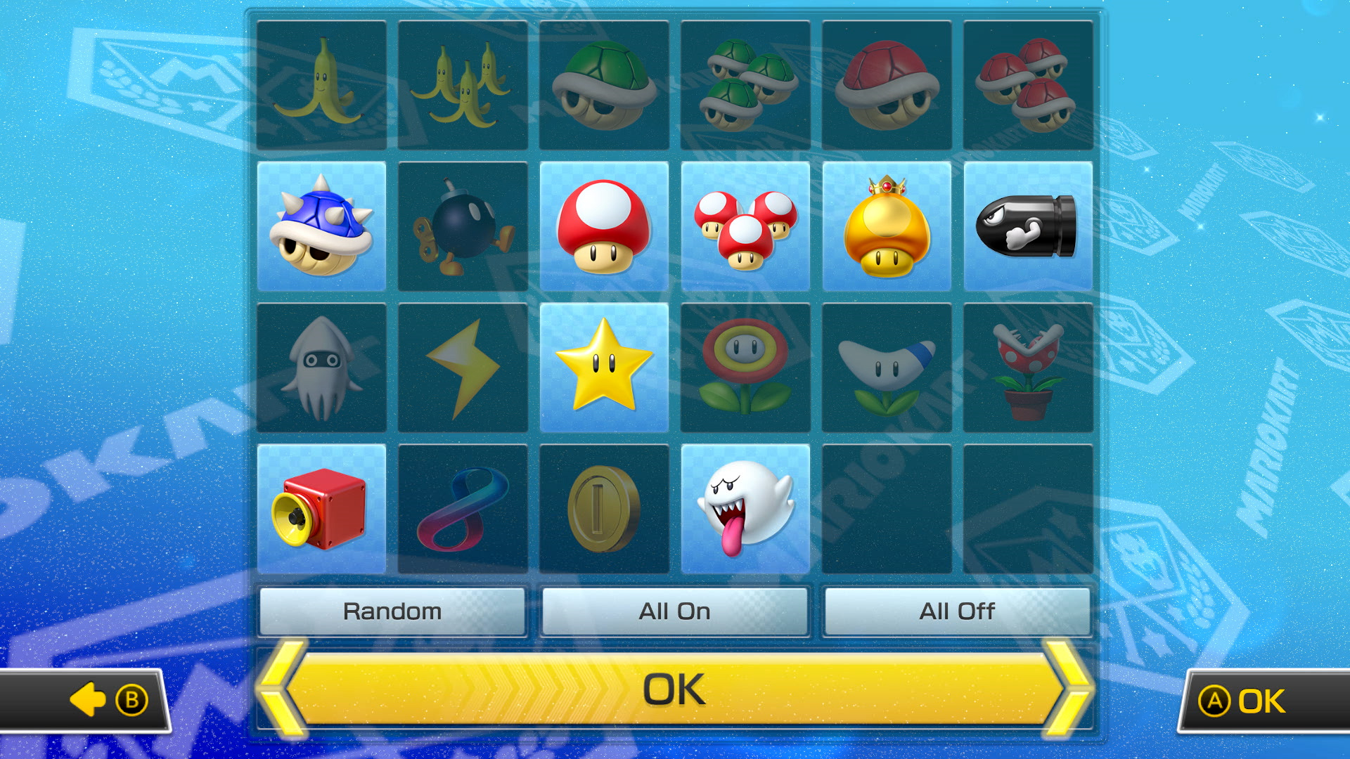 Selecting items in the Custom Items feature.