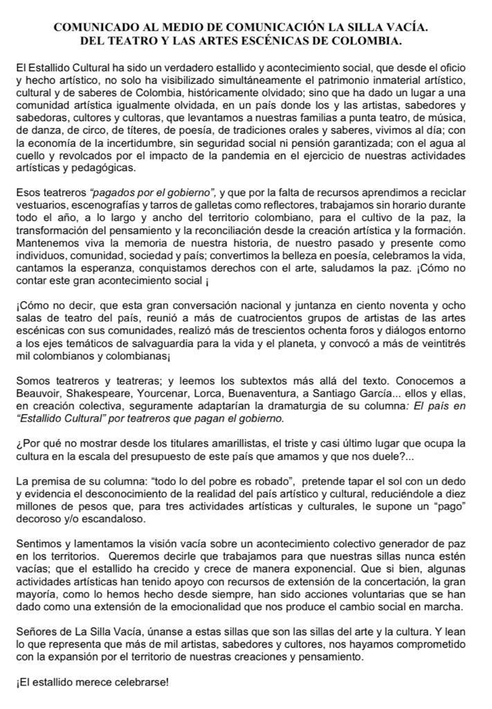 TeatroPopularM's tweet photo. COMUNICADO AL MEDIO DE COMUNICACIÓN LA SILLA VACÍA. DEL TEATRO Y LAS ARTES ESCÉNICAS DE COLOMBIA.

@lasillavacia @MariaJoseRestr @petrogustavo https://t.co/qu2cnkHcF2