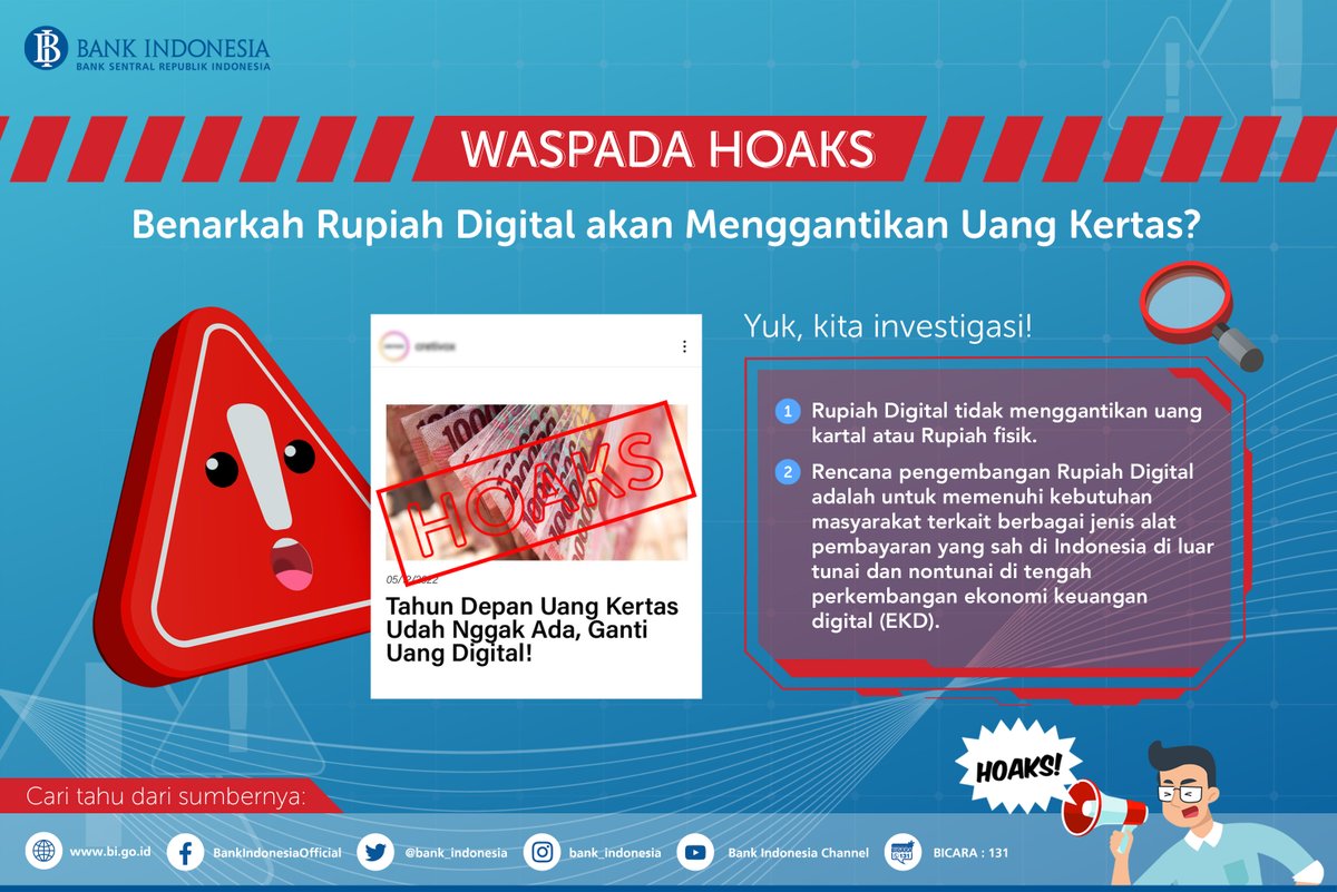 bank_indonesia's tweet photo. #SobatRupiah, BI telah memulai langkah awal dgn meluncurkan desain Rupiah Digital pd Pertemuan Tahunan BI 2022 (30/11). Tapi, byk pertanyaan, apakah Rupiah Digital menggantikan uang fisik? Bahkan, ada #hoaks di medsos bahwa uang kertas ditiadakan tahun depan, seperti pd visual. https://t.co/ewlnHGZWty