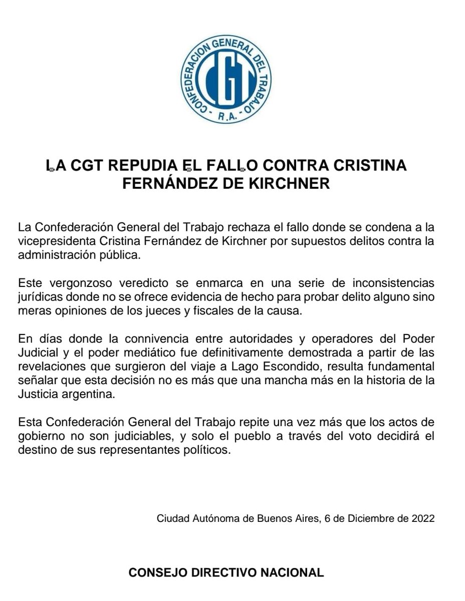 lajuuocrachaco's tweet photo. La CGT repudia el fallo contra Cristina Fernández de Kirchner

La Confederación General del Trabajo rechaza el fallo donde se condena a la vicepresidenta Cristina Fernández de Kirchner por supuestos delitos contra la administración pública. https://t.co/uGtusWBtqO