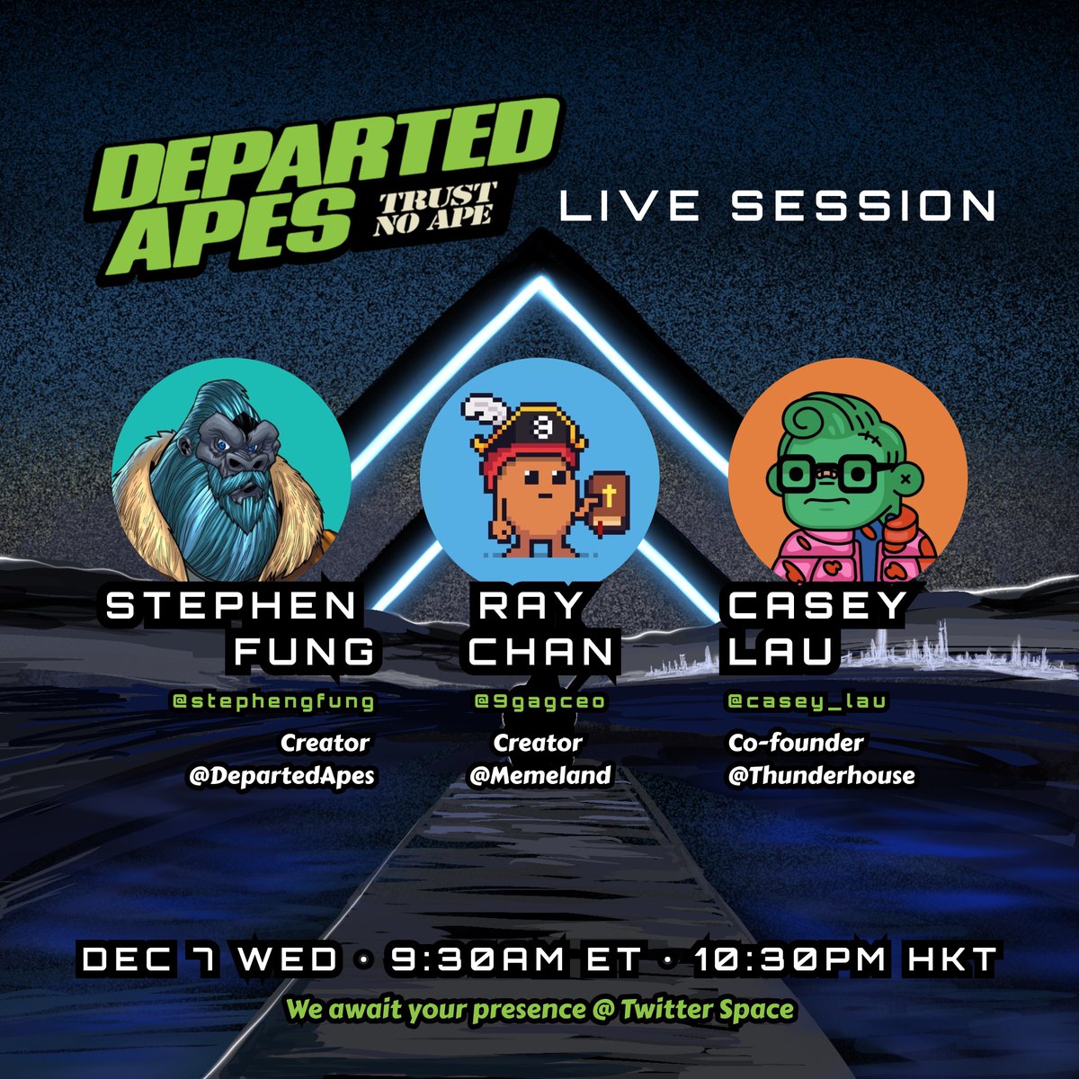 9gagceo's tweet photo. Having a chat with my friend @casey_lau and our Potatoz 🥔 holder @stephengfung in an hour.

Stephen is the creator of @departedapes. He's also an actor, singer, as well as director and producer for Netflix, AMC, Columbia Pictures.

Come join us!🙌🏻

👉 https://t.co/oMErtf14lv https://t.co/XMmESgwrCO