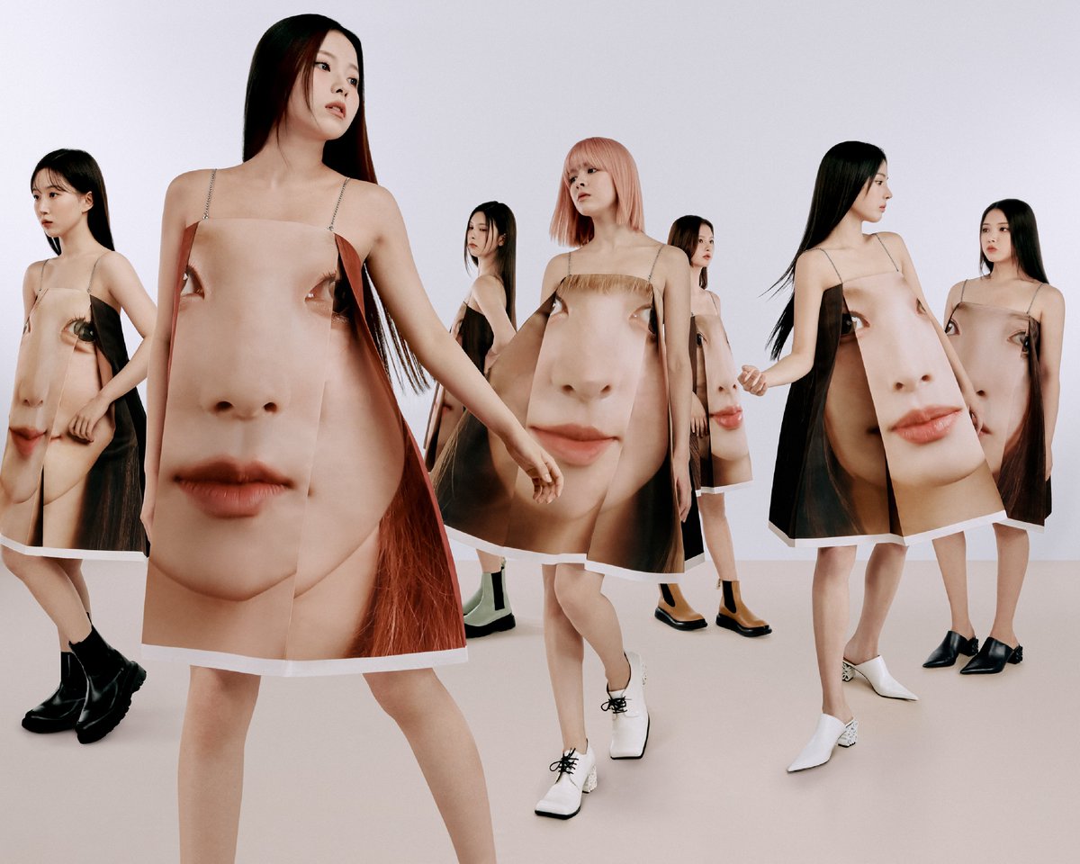LoeweOfficial's tweet photo. .@NMIXX_official bring a unique twist to the #LOEWE SS23 precollection. Face print dresses have been reimagined for the campaign, with Lily, Haewon, Sullyoon, Jinni, Bae, Jiwoo, and Kyujin wearing personalised versions featuring their own faces—a playfully meta editorial concept. https://t.co/XxNpkmqWLp