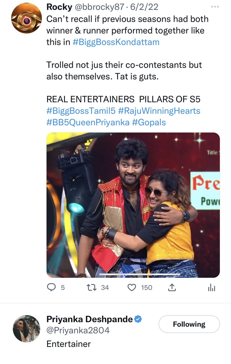 bbrocky87's tweet photo. Thanks #Priyanka for the like. Watching this wk task reminds me of ur Nesamani role & Raju’s MR Radha performance. Thanks to both of u for the unlimited fun. #Gopals #RajuBhai #BiggBossTamil5 #Raju #PriJu #BB5QueenPriyanka #RajuWinningHearts https://t.co/GqHeG60YZu