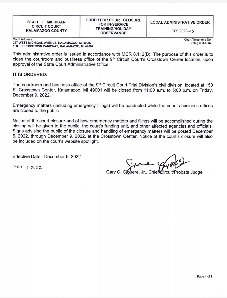 The Circuit Court Trial Division's civil division will be closed from 11:00 am to 5:00pm on Friday, December 9, 2022.