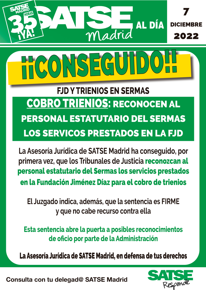 🙌🙌🙌
Nuestra asesoría jurídica ha conseguido que, por primera vez, los Tribunales de Justicia reconozcan al personal estatutario del Sermas los servicios prestados
en la Fundación Jiménez Díaz para el cobro de trienios. ¡La sentencia es firme!