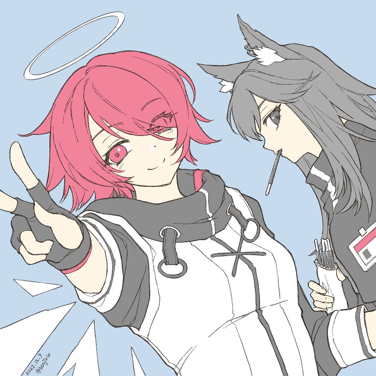 exusiai (arknights) ,texas (arknights) multiple girls 2girls pocky red hair animal ears halo jacket  illustration images