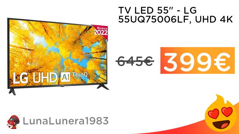 chollometro's tweet photo. Descuentazo! TV LED 55" - LG 55UQ75006LF, UHD 4K, Procesador Inteligente α5 Gen5 AI Processor 4K, Smart TV, DVB-T2 (H.265) y más... Mira! ➡️ https://t.co/fgsPjwAMYG https://t.co/wfX9aSfArM