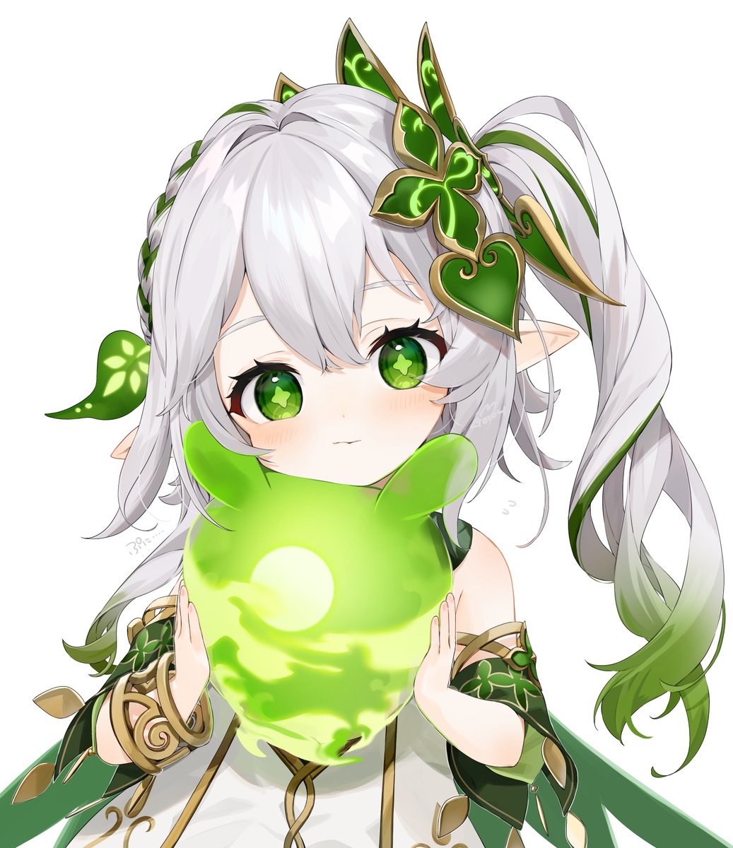 nahida (genshin impact) 1girl pointy ears green eyes side ponytail hair ornament symbol-shaped pupils white background  illustration images